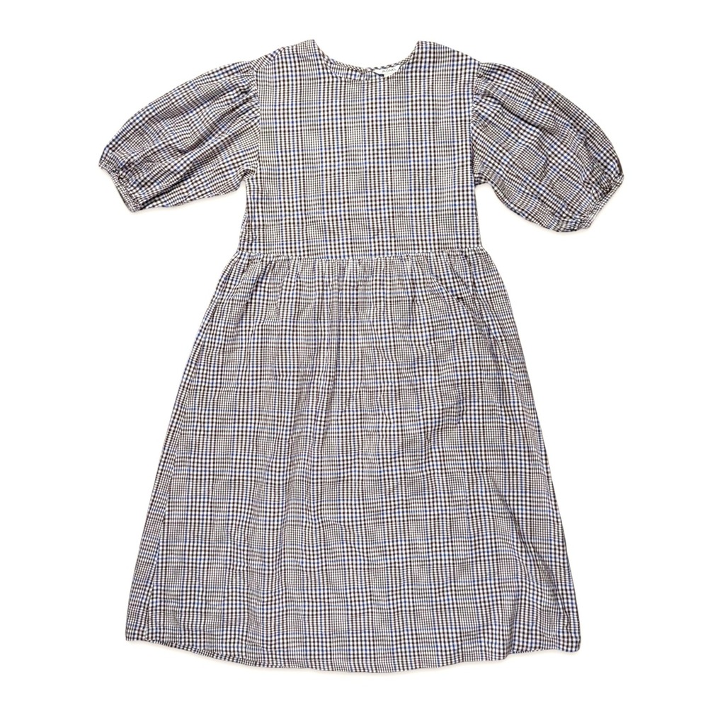 Monki Gingham Puff Sleeve Midi Dress Brown Blue Cottage Prairie 100% Cotton XS